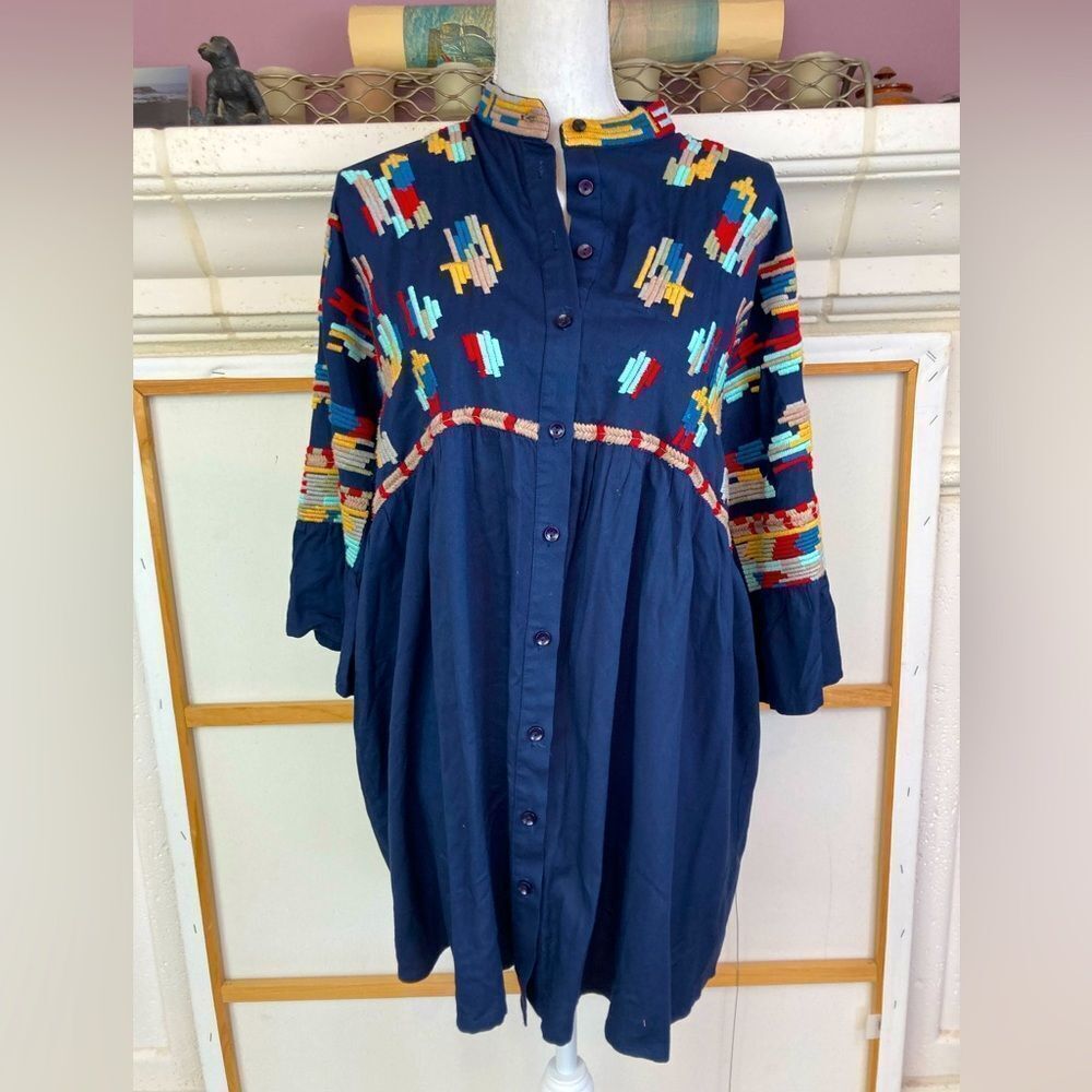 Mahila Anthropologie Southwestern Boho Embroidered Button-Up Tunic